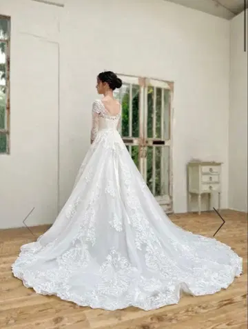 웨딩 드레스 A 라인 자수 슬리브 있음