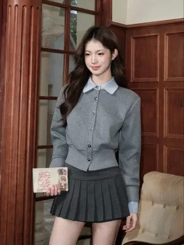 avenement 카라 부착 가디건 그레이 스카이블루 옷깃 긴팔 버튼