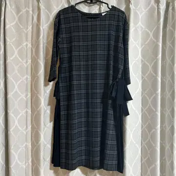 체크 무늬 7부 소매 원피스 A라인