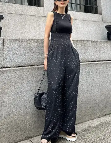 [ admance ] 블랙 도트 무늬 와이드 올인원