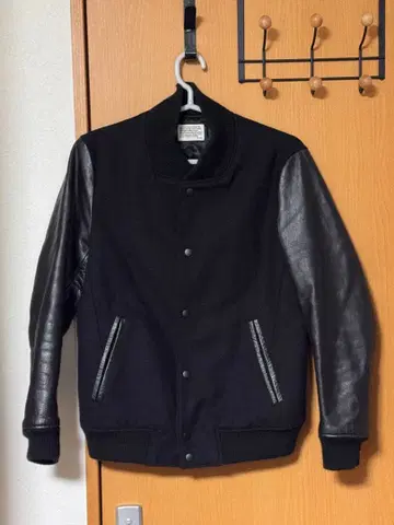 나노 유니버스 바시티 자켓 천연 가죽 울 절개 남성용 S 사이즈 블랙