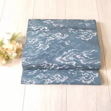 나고야 오비 블루 화이트 파도 무늬 차분한 쿨 기모노 리메이크용