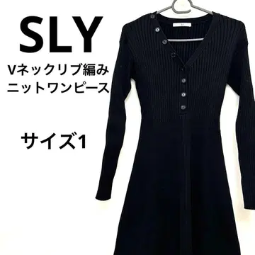 새상품급 SLY 블랙 리브 니트 원피스 긴팔 V넥 무릎 기장 신축성 좋음