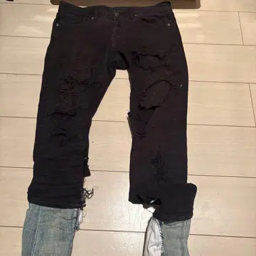 데미지 가공 스키니 플레어 팬츠 (롱 레깅스) 블랙/라이트 블루