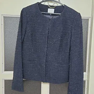 자유구 네이비 트위드 노카라 자켓