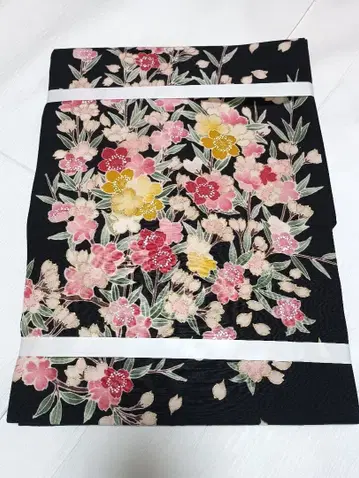 나고야 오비 오타이코 순수 실크 블랙 벚꽃