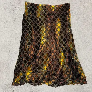 새상품급 플레어 스커트 브라운 골드 화려함 개성 파티 [ L ]