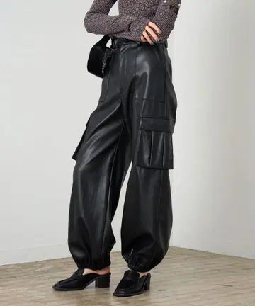 Ray BEAMS 레이빔즈 인조 가죽 카고 팬츠 블랙