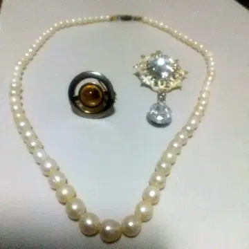 펄 목걸이와 꽃 모양 브로치 한쪽만 있는 귀찌