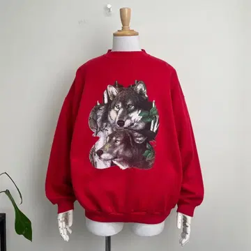 90s USA 제작 늑대 애니멀 맨투맨 빈티지 구제 의류 빨간색 레드