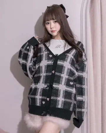 pium 하트 체크 롱 가디건