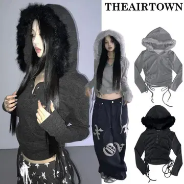 THE AIR TOWN 에코 퍼 후드 사이드 리본 V 라인 후드티