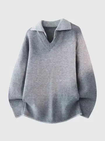 그레이 V넥 카라 부착 스웨터