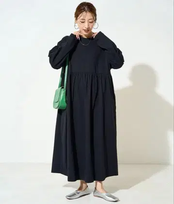 프릭스스토어 허리 개더 절개 맥시 원피스 긴팔 블랙