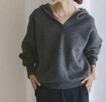 이중직 턱 니트 후드 풀오버 그레이