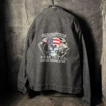 UNION LINE 스컬 백 프린트 블랙 데님 자켓 USA제