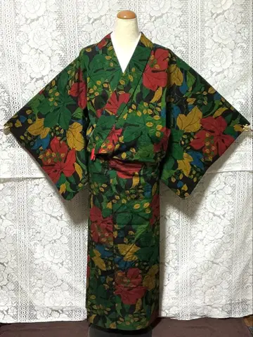 [미사용에 가까움] 울 기모노 올 패턴 나뭇잎 패턴 울