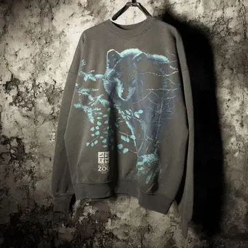 90s USA제 Hanes 울프 애니멀 맨투맨 블랙 페이드