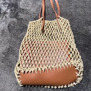 브라운 가죽 그물 엮음 토트백