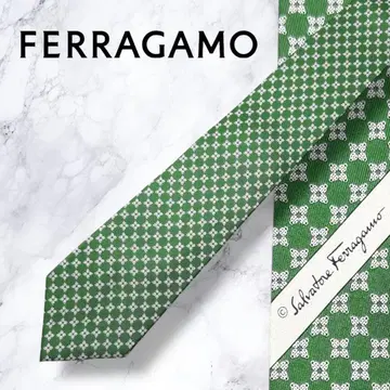 [미사용 새상품] 페라가모 넥타이 그린 올 패턴 실크 100% 이탈리아제