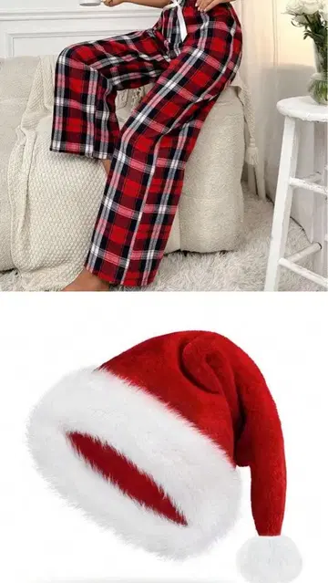 빨간색과 검은색 체크 무늬 와이드 팬츠와 산타 모자 2