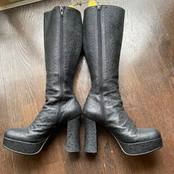 여성용 오샤레 다크풍 가공 천연 가죽 밑창 두꺼운 롱 부츠 블랙