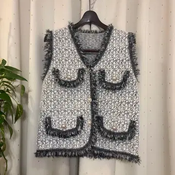 프린지 니트 베스트 화이트 그레이