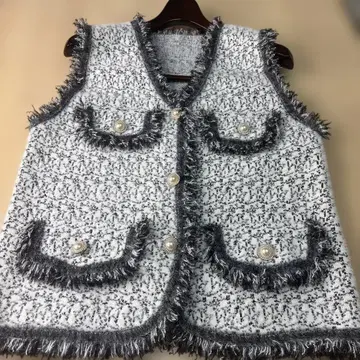 프린지 니트 베스트 화이트 그레이