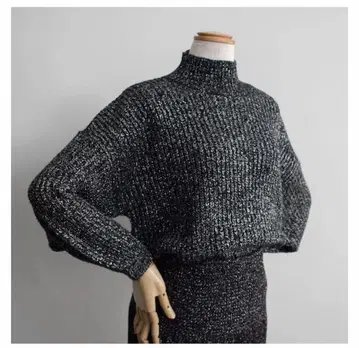 80's 빈티지 하이넥 라메 니트 블랙x실버 S 루즈핏