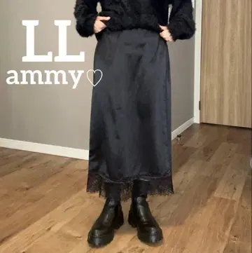 시마무라 ammy 밑단 레이스 새틴 스커트 블랙 LL 사이즈