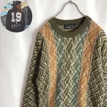 구제 의류 스웨터 돗자리 엮기 무늬 스트라이프 그린 컬러 편직 디자인 L