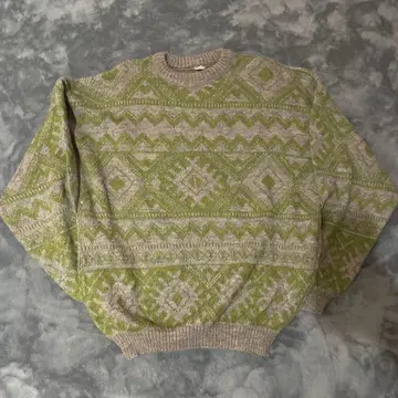 기하학 패턴 니트 스웨터 M 총 패턴 니트 구제 의류 그린 베이지 핑크