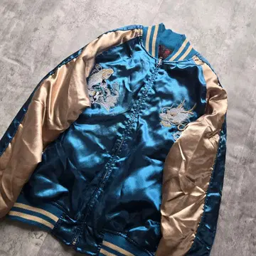 일심여경 새틴 스카잔 M 블루 x 골드 잉어 후지산 일본풍 패턴 자수 꽃