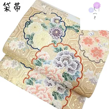 메에토 후쿠로 오비 꽃무늬 눈꽃 무늬 포멀 에가스미 금색 베이지