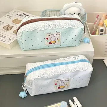 토끼 자수 파우치 스카이블루 도트