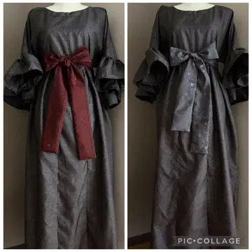 기모노 리메이크 오시마 명주 프릴 소매의 넉넉한 원피스 심플 블랙