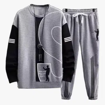 그레이 그래픽 프린트 트레이닝복 팬츠 세트