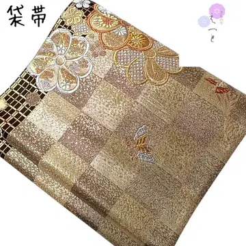 53 후쿠로 오비 꼬인 매화 꽃무늬 금색 리버서블