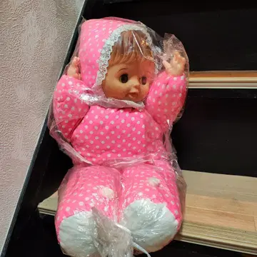 쇼와 레트로 핑크 물방울 패턴 후드 부착 인형