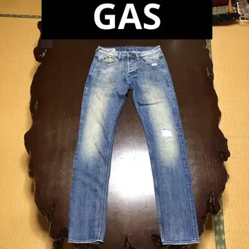 GAS 가스 셀비지 빈티지 데미지 청바지 슬림 라이트 블루