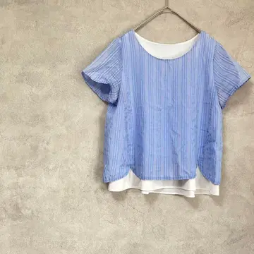 MF 에디토리얼 파랑 화이트 스트라이프 시스루 반팔 셔츠 레이어드 스타일