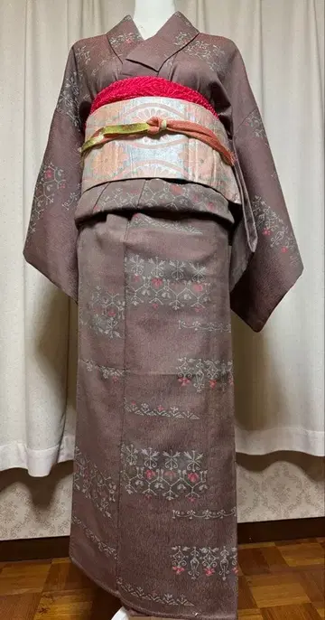 브라운 꽃무늬 코몬 기모노 오비, 허리띠, 오비 장식 천 풀세트