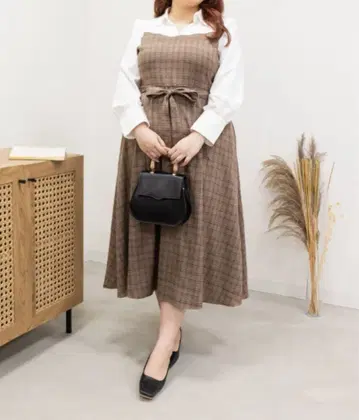 쿠레트 미사용 택 포함 도킹 베이지 계열 체크 롱 원피스 4L