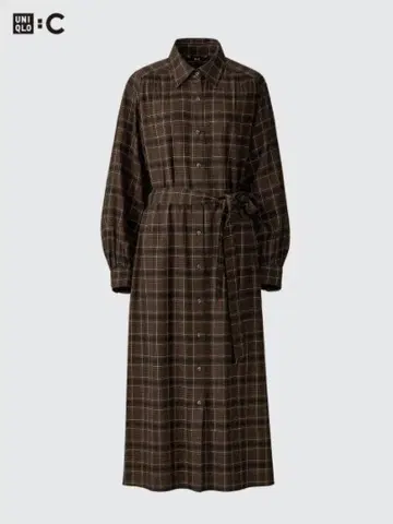 [새상품급] UNIQLO:C 벨티드 셔츠 원피스 체크 무늬 브라운 L