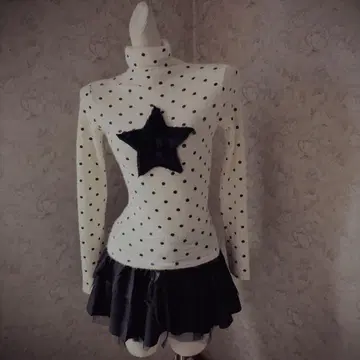 헤이세이 갸루 도트 무늬 별 모양 자수 터틀넥 상의 히메 스타일 Y2K