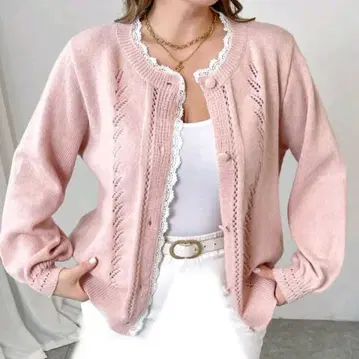 가디건 레이스 장식 핑크 가디건 오버사이즈 편안한 부해 보이지 않는
