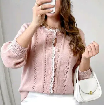 가디건 레이스 장식 핑크 가디건 오버사이즈 편안한 부해 보이지 않는