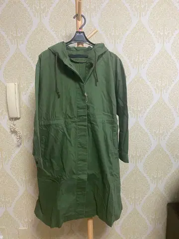 미사용 올리브 그린 롱 코트 후드 부착