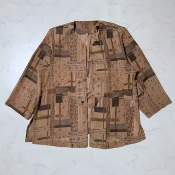 가디건 겉옷 노카라 브라운 올 패턴 폴리에스테르 출퇴근 레트로 봄/가을