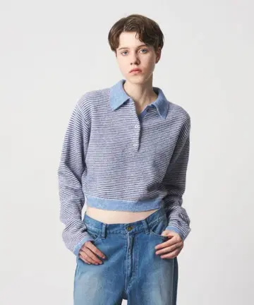 [ 완판템 ] roku 알파카울 나일론 폴로 니트 블루